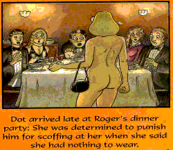 A meme with a naked woman at a dinner party, who, literally, has nothing to wear